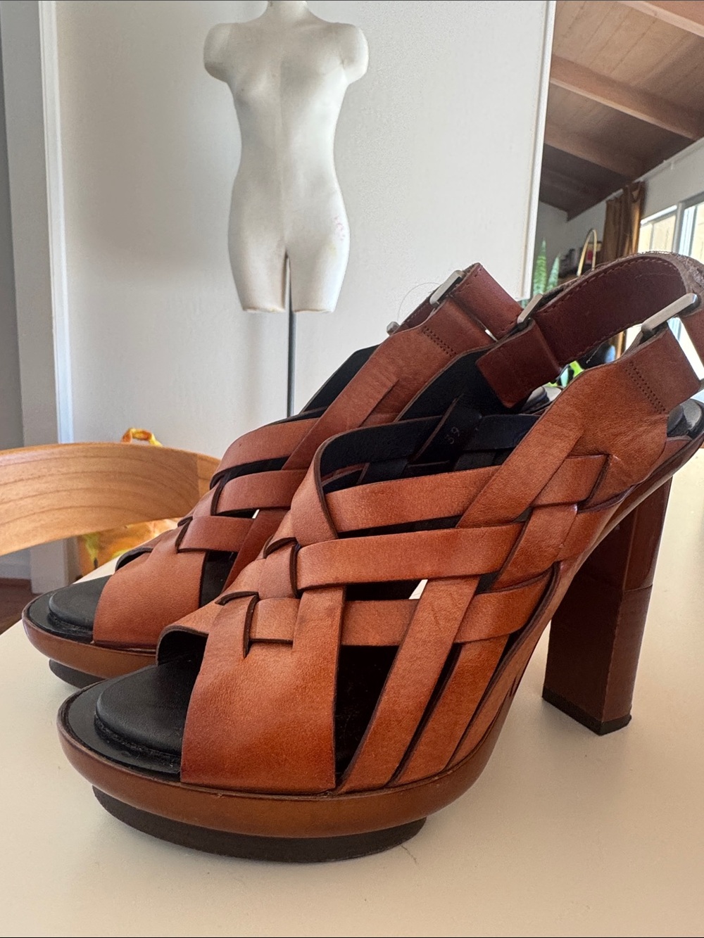 Calvin Klein Woven Leather Platform Slingback Heels - Brown